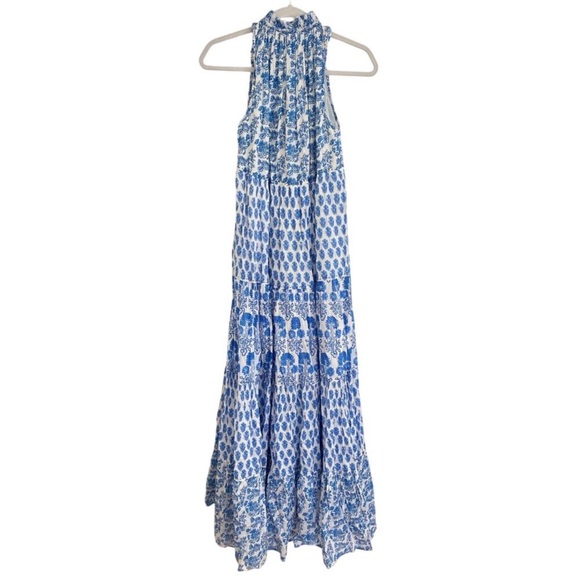 Anthropologie Ro’s Garden Sofia Maxi Dress Blue Floral Block Print Ruffle V Neck - Picture 3 of 5